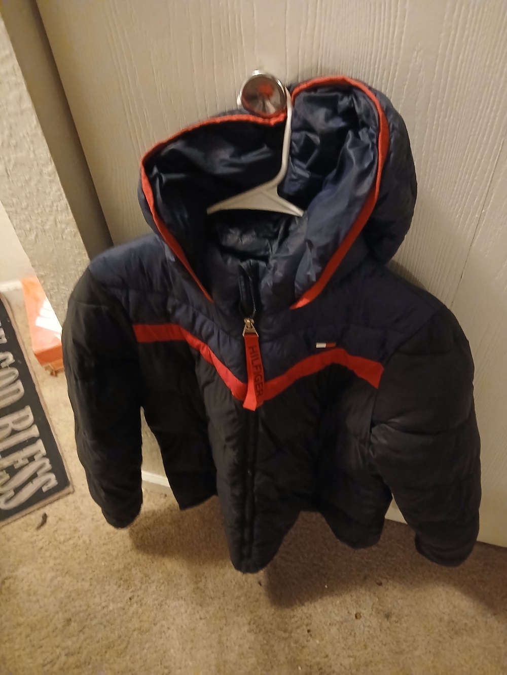 Womans Hooded Puffer Jacket - Navy with Red Trim